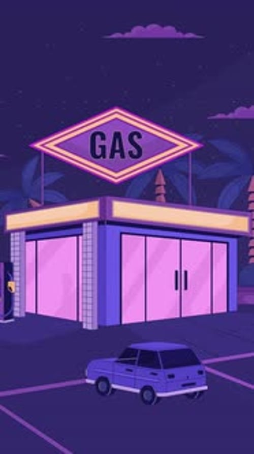 Retro car driving to gas station at night lofi vertical animation