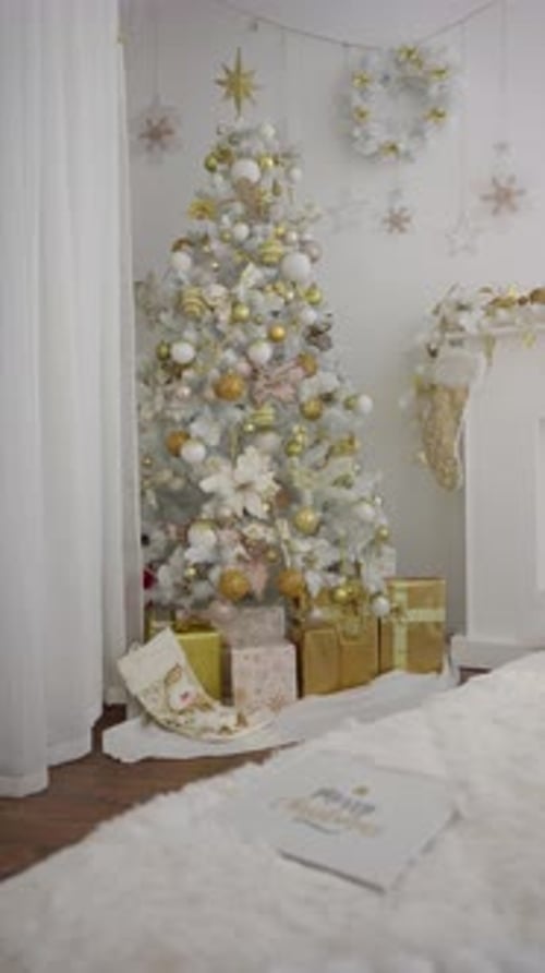 Decorated Christmas Tree and Gold Presents