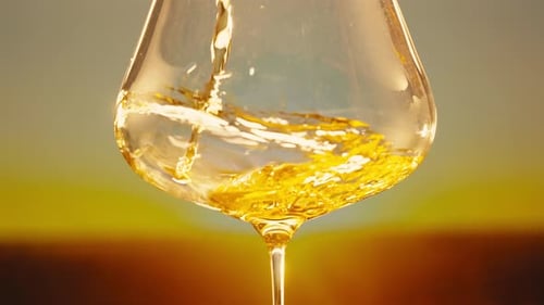 Orange or White Wine Bottle and Glass Against a Sunset in a Peaceful Vineyard Pouring of Ecological