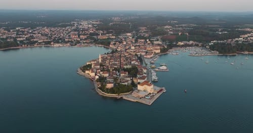Aerial view of Porec at sunset in Istria, Croatia.
