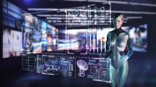 Robot Presenting Futuristic Global Business Data Analysis on Interactive Screen