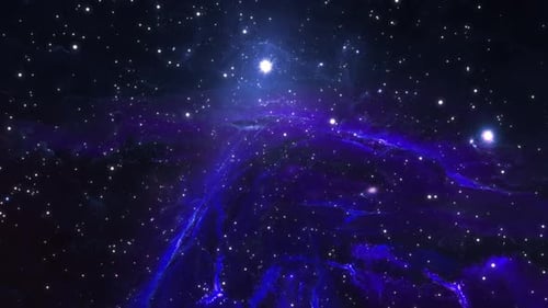 Intergalactic flight through blue nebulae and galaxies. Endless fantastic cosmic constellations.