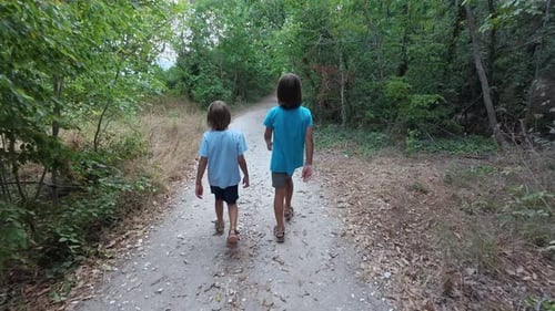 Two Brothers Walking Together on Forest Path Siblings Enjoying Nature Hike Family Bonding Outdoors