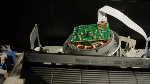 VHS PLAYER Old Video Recorder Inside Closeup VHS Retro Player in Neon Blue Light Vintage Video