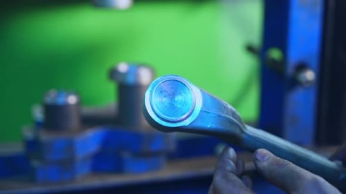 Turner is taking a metal detail and checking it with his fingers. Metal tools and machines