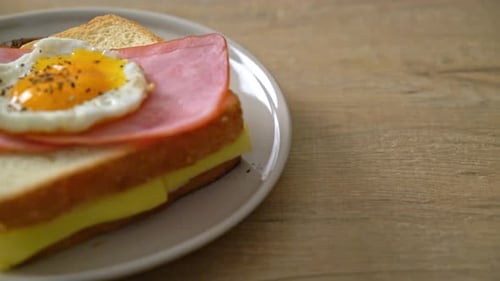 Close-Up of Tasty Ham and Cheese Sandwich with Egg