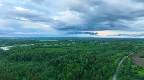 Aerial view of a winding river in a forest