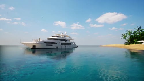 White yacht against the background of the island.