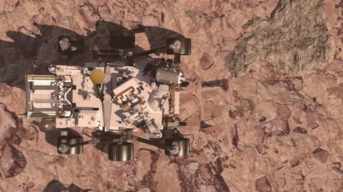 Mars Rover and Drone Exploring Red Planet Surface
