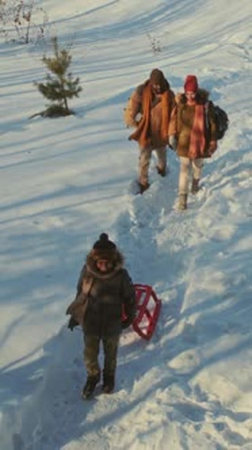 Family With Kid Walking In Park On Winter Day