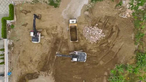 Aerial View Starting Construction First Concrete and Equipment in Motion