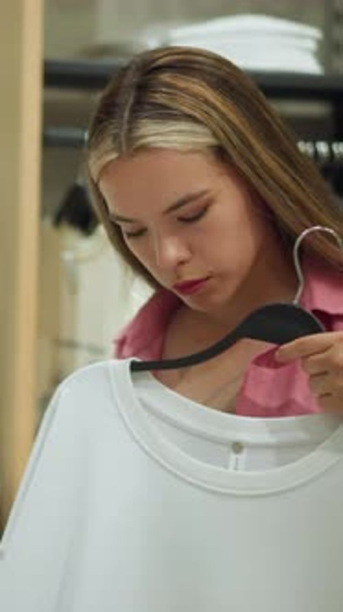 Lady in Pink Top Evaluating White Shirt in Clothing Store
