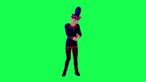3d blue,red clown elf palying cards front angle on green screen