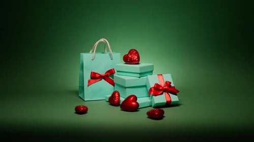 Many Elegant Teal Blue Gift Boxes with Red Hearts Isolated on Green Background
