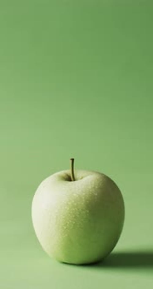 Vertical video of green apple with copy space over green background
