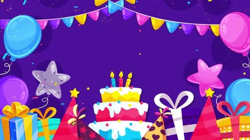 Flat Design Birthday Party Frame Animation with Cake and Gifts