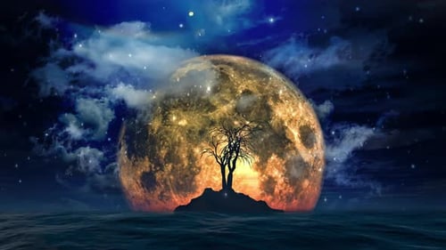 Abstract Tree Sea Hill With Moon Night And Sky Loop 4k
