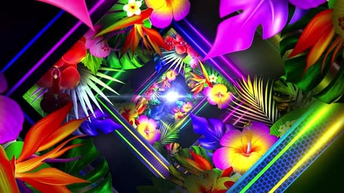Vibrant Tropical Neon Floral Tunnel Background