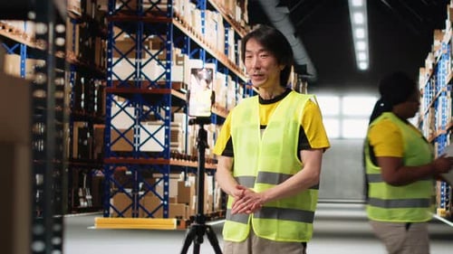 Warehouse Worker Filming Video Inside Distribution Center