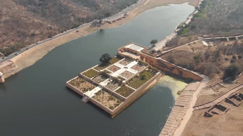 Kesar Kyari Bagh garden on Maota Lake, right before Amber Fort, in Jaipur, Rajasthan, India - Aerial