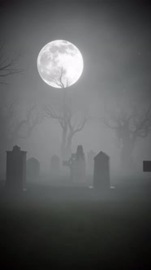 Woman Ghostly Figure Wandering Through a Foggy Cemetery Under Full Moon Portrait