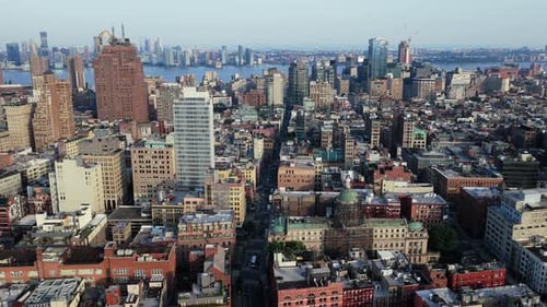 Aerial View of Manhattan New York City Showcasing Iconic Skyscrapers and the Hudson River