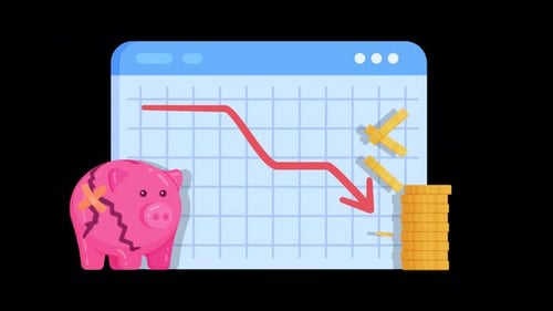 Chart with downward arrow, bankruptcy, debt, no savings animation 4k on alpha channel