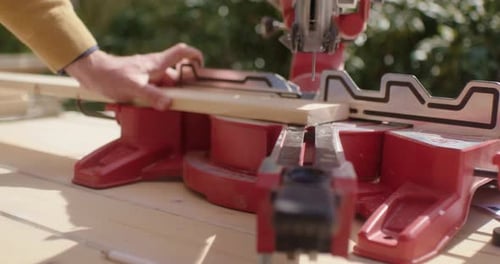 Saw Cutting Wood in Outdoor Workshop