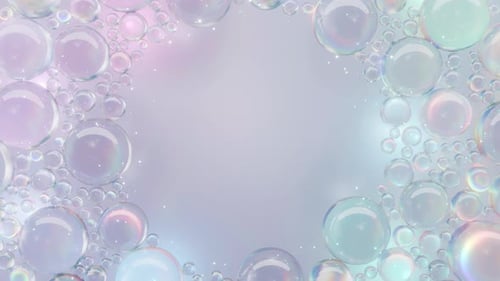 Iridescent bubbles move gently against a soft pastel gradient background with sparkling particles.