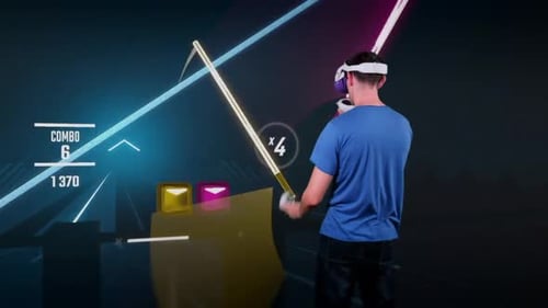 Young Man Playing Virtual Reality Saber Game