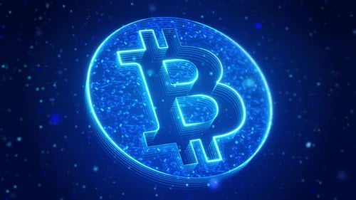 Digital Glowing Blue Bitcoin Symbol Rotating Animation