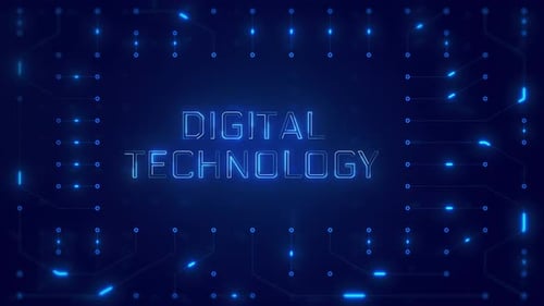 Digital Technology Word Text with neon circuit board design or computer semiconductor design
