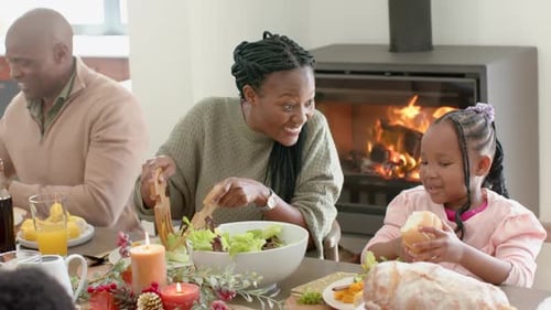 Family Enjoys Meal Together By the Fireplace