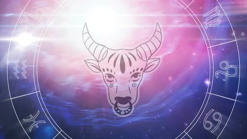 Animation of spinning star sign wheel with taurus sign and stars