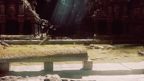 La lumière du soleil filtre à travers les arbres illuminant les ruines d'anciens temples au Cambodge