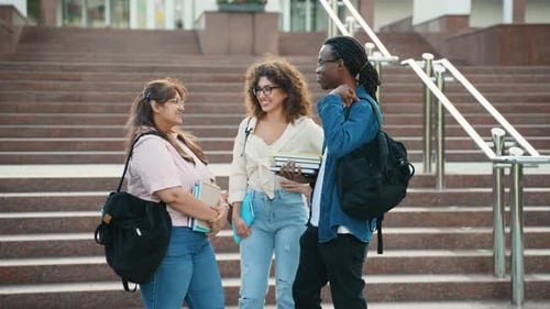 Diverse Students Talking Together on University Campus Stairs