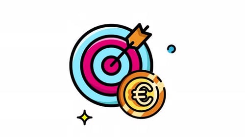 Animated Made in uk a target with an arrow hitting the bulls eye and a euro coin next to it.