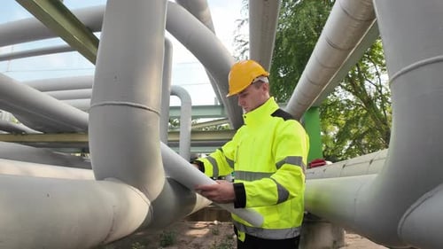 Un travailleur examine l'infrastructure du pipeline pendant la journée dans une installation extérieure