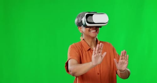 VR, green screen and woman in 3D metaverse and happy for the interactive device