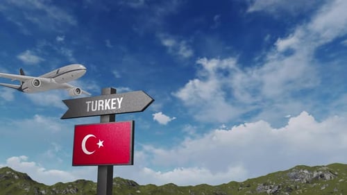 Passenger Airplane Flies Over Turkey Destination Signpost with Flag