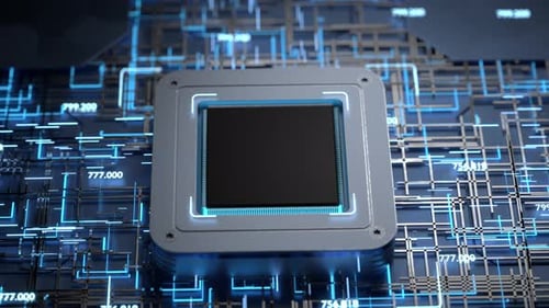 Advanced technology concept visualization: circuit board processor chip running artificial intellige