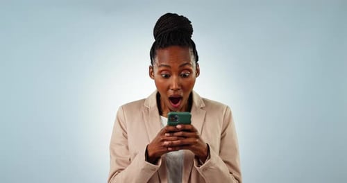 Wow, black woman and phone with surprised for notification, announcement