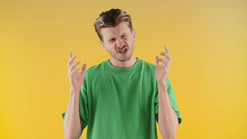 Aggressive Man Shaking His Hands and Yelling at the Camera An Angry Man in a Green Tshirt Stands on
