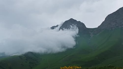 Green Mountain Landscape with Mist and Clouds