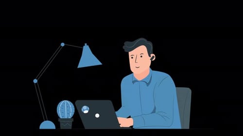 Animated Man Working on Laptop in Flat Design Style