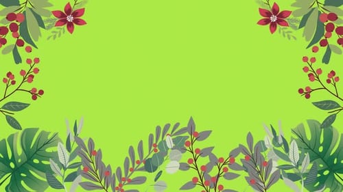 Animation of foliage, berries and flowers framing copy space on light green background