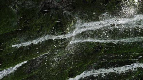 Vertical View of Majestic Waterfall Cascading Down Lush Green Rock