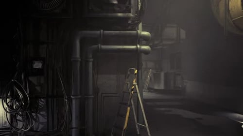 Grungy Industrial Machine Room Background with Atmospheric Light Rays