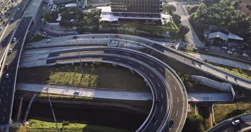 Jakarta, 25 August 2020, Aerial view of the roundabout of the toll road with the shadow of the build