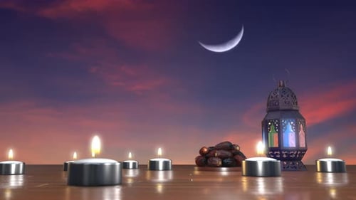 Ramadan Eid Celebration with Glowing Lantern, Dates, and Crescent Moon
